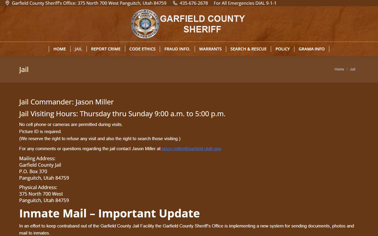 Official Garfield County Jail page with visitation and mail information