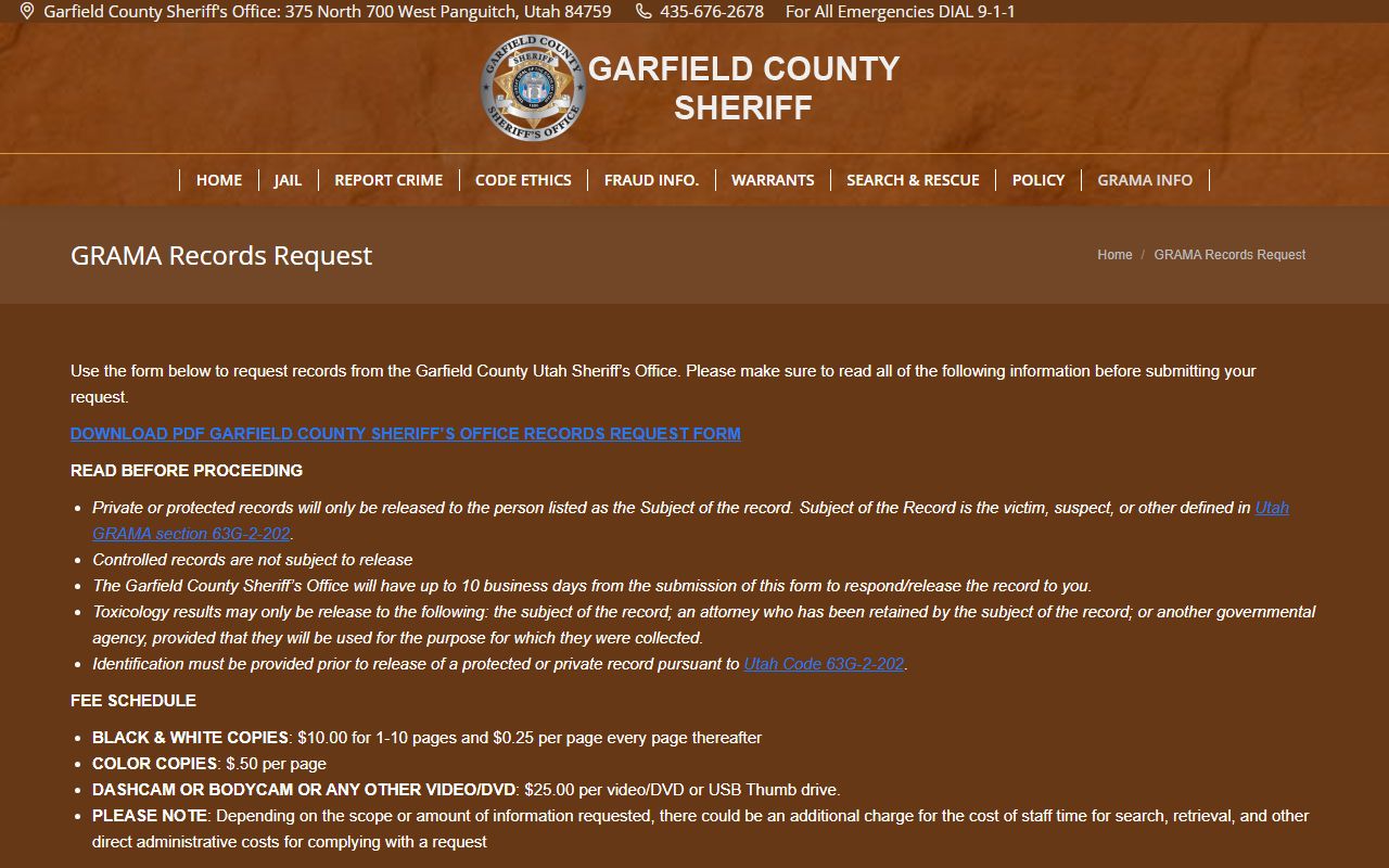 Garfield County inmate records GRAMA request page