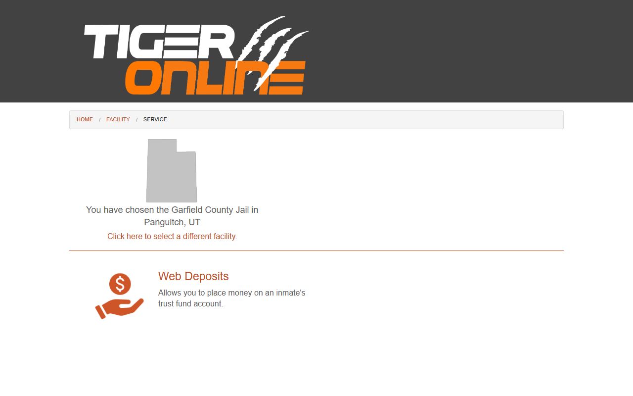 Tiger Commissary Garfield County Jail web deposits page