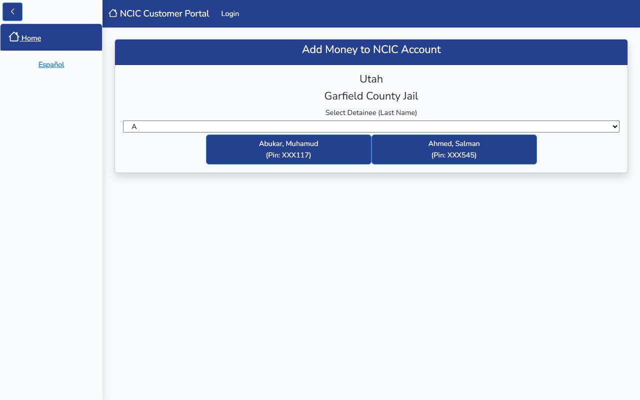 NCIC Garfield County Jail add funds page with detainee selection
