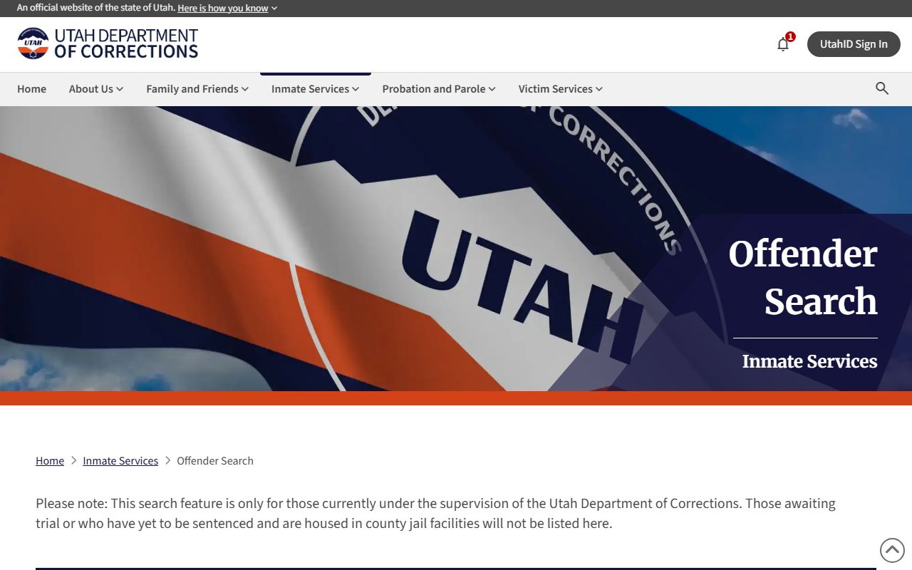 Utah Department of Corrections offender search page